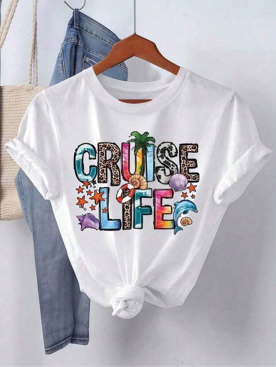 1 pieza de ropa para mujer, camia blanca con estampado de vida en crucero, camisas, top blanco, camias gráficas para mujer, camia unisex casual de cuello redondo, tejido de punto ligero de 220 g/m², lavable a máquina, para primavera/verano/otoño, Navidad, Día de San Valentín, Día del Trabajo, transpirable y cómoda.
