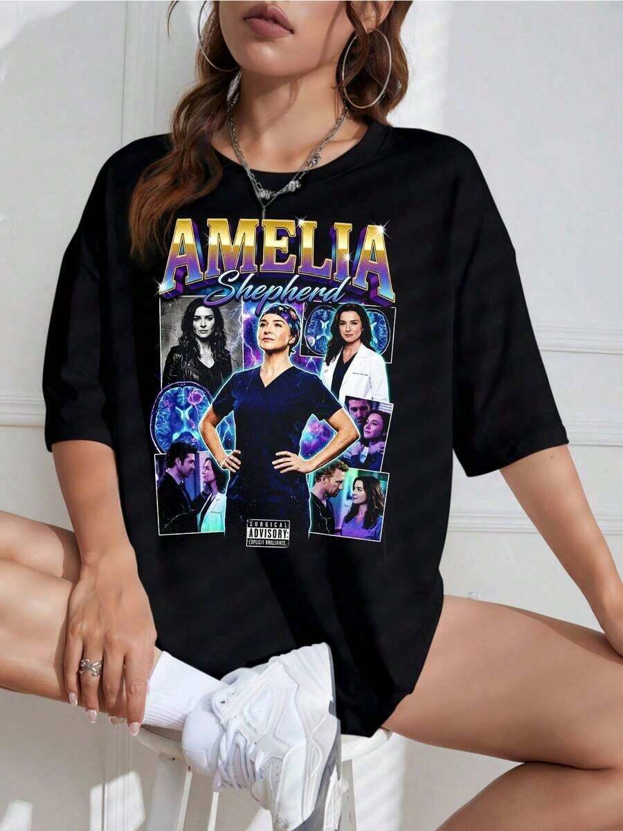 Camiseta Unisex con Estampado de Serie de TV, Cuello Redondo, Manga Corta, Diseño Casual, Ideal para Fans - Negro - Ver 1