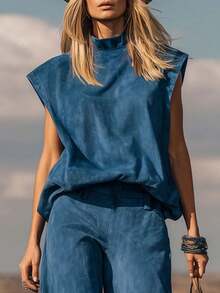 Conjunto de gamuza estilo oeste 2026, sin mangas, pantalones anchos con bajo ajustado - Azul oscuro - Ver 4