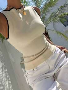 Blusa casual sin mangas para mujer, ropa de verano de tela tipo seda, con lazo grande en la espalda, top de lunares, camisa de verano - Albaricoque - Ver 8
