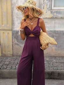 Mono Holgado Para Mujer Con Tirantes Espagueti, Color Sólido - Morado - Ver 3