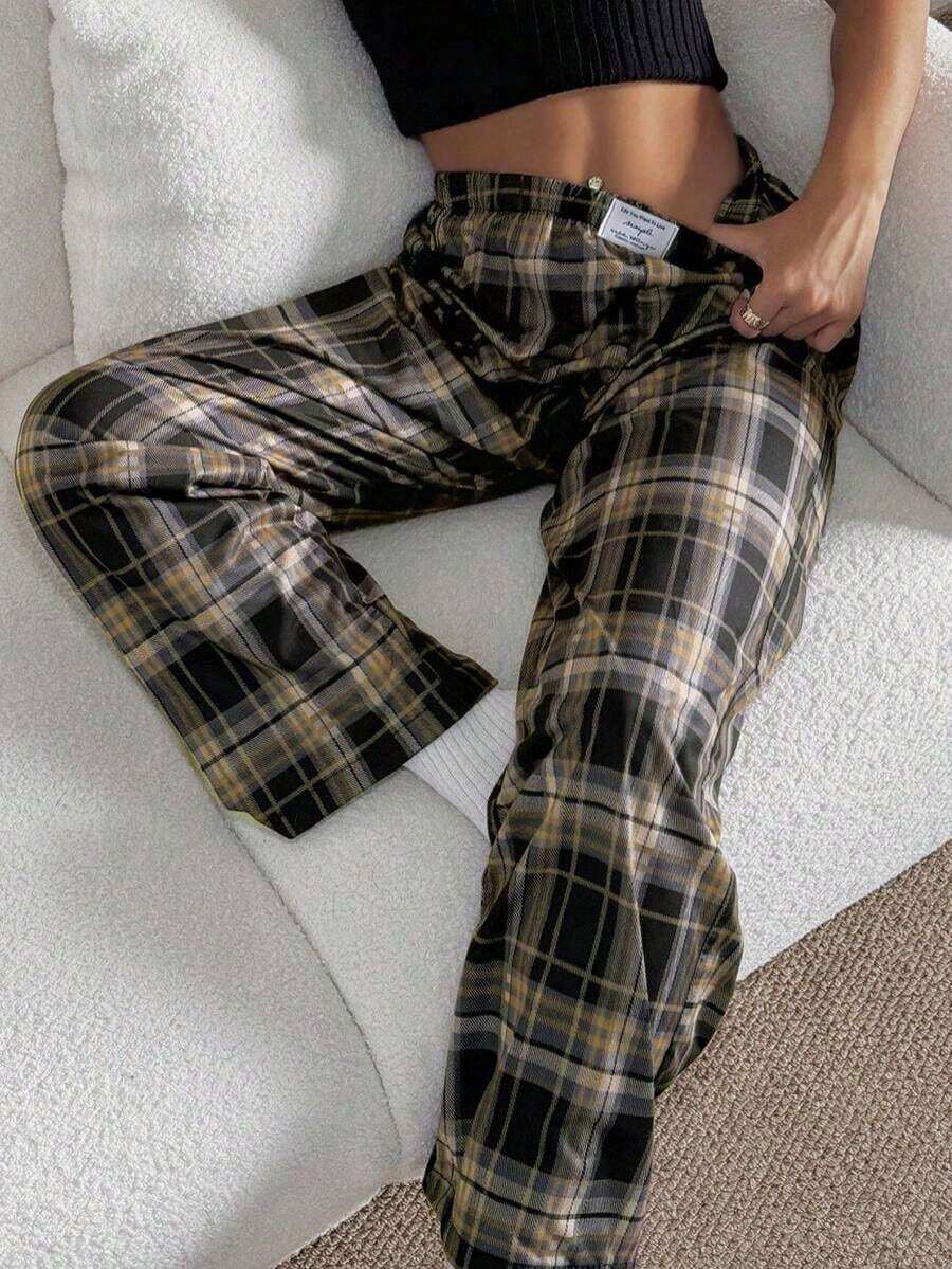 Pantalones de estar por casa rectos de cintura elástica con estampado de cuadros para mujer, para invierno - Multicolor 3 - Ver 1