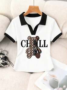 Blusa casual de mujer con cuello polo a rayas y manga corta - Blanco y Negro 4 - Ver 5