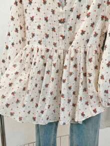 Blusa de mujer con cuello en V de gasa con estampado floral romántico, manga farol, corte holgado y silueta favorecedora, adecuada para uso casual, de calle y de oficina en vacaciones de verano - Rojo - Ver 6