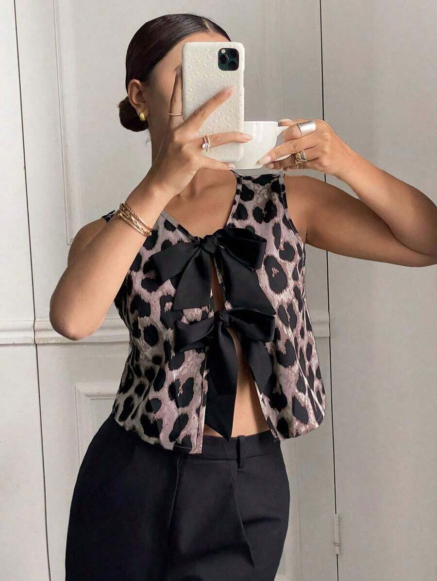 Camisa casual sin mangas con nudo delantero y estampado de leopardo para mujer - Rosa - Ver 1