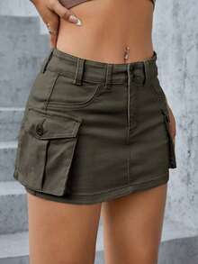 Falda en mezclilla con bolsillo con solapa - verde militar 2 - Ver 6