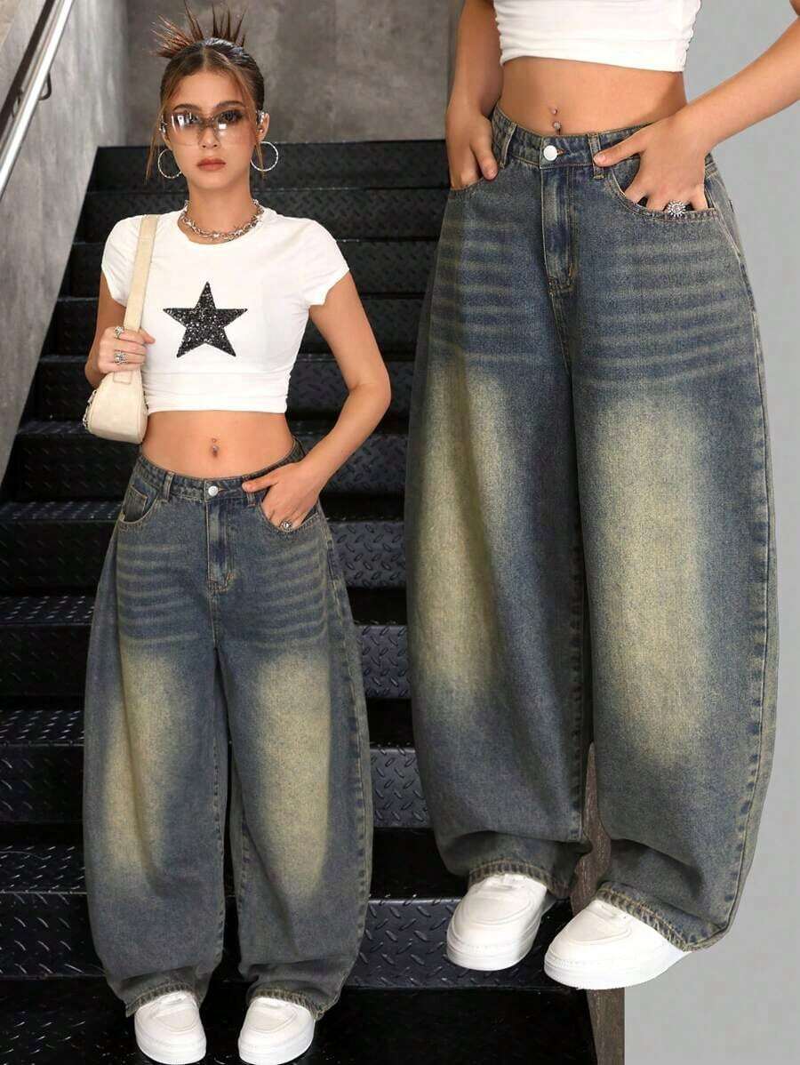 Jeans de mezclilla holgados y casuales con estilo retro vintage Y2K 2000 para adolescentes y streetwear - Azul lavado medio 2 - Ver 1