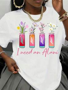 1 pieza Camiseta "I Need An Alani Flower Can" para mujer, top casual de moda, camiseta gráfica, 220g/180g, 100% algodón. - Blanco - Ver 3
