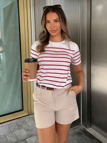PariChic Camiseta casual de mujer a rayas, camisetas gráficas versátiles para mujer - Rojo - Ver 3