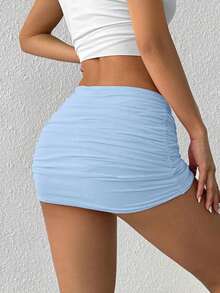 Minifalda de cintura baja con volantes en el bajo, diseño ajustado para mujer, verano - Celeste - Ver 2