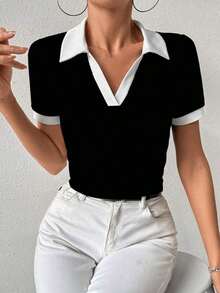 Camiseta de mujer con cuello polo, manga corta, estampado de lunares y parches - Negro 2 - Ver 5