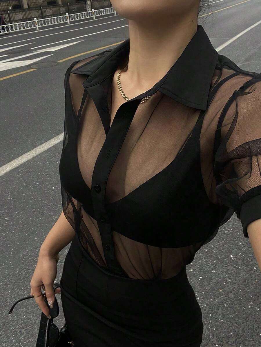 Blusa transparente de malla y gasa de manga corta minimalista para mujer, de estilo casual de negocios - Negro 2 - Ver 1