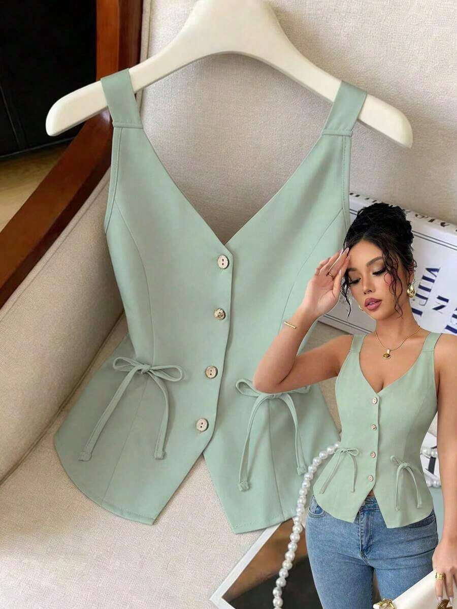 Nuevo Llegada para el Día de San Valentín 2025 Blusa de Tirantes con Cuello en V Profundo, Cintura Ceñida y Lazo para Mujer, Primavera/Verano - verde menta - Ver 1