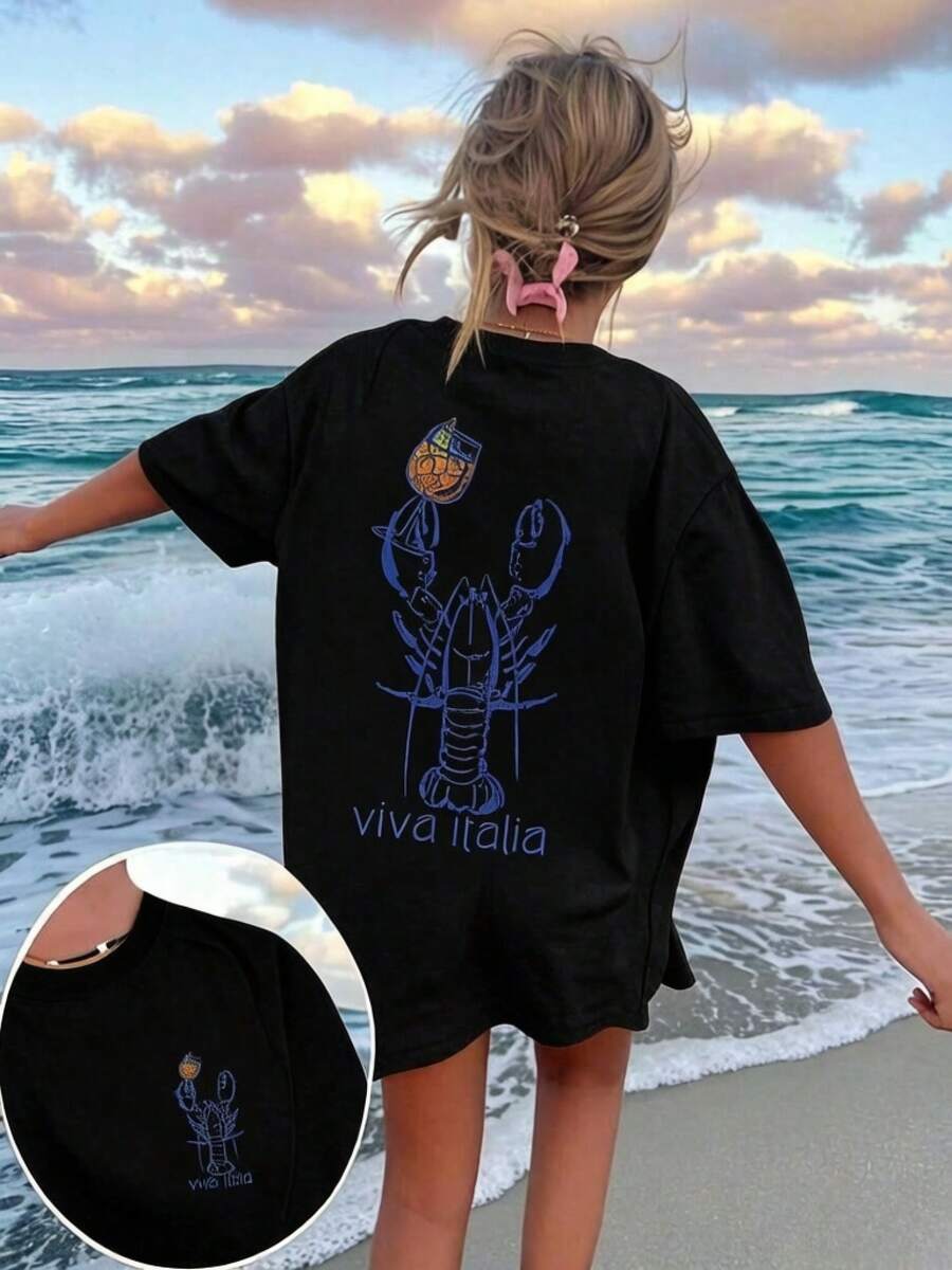 Camiseta informal negra de manga corta para mujer con cuello redondo y estampado gráfico de langosta. Top de corte regular y bonito. - Negro - Ver 1