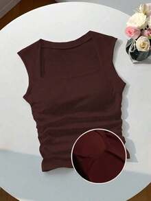 Camiseta sin tirantes con cuello cuadrado, cintura fruncida y sujetador acolchado sin aros - Marrón Chocolate - Ver 1