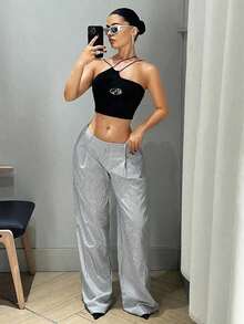 ICON Pantalones de pierna ancha de cintura baja, ajuste holgado, largo hasta el piso, gris con rayas verticales para mujer estilo Y2K - Gris - Ver 3