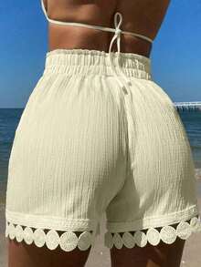 Conjunto de 3 piezas de ropa de verano para vacaciones en la playa para mujer: Cubrecostos con cintura anudada y encaje, Top de traje de baño, Shorts - Albaricoque - Ver 2