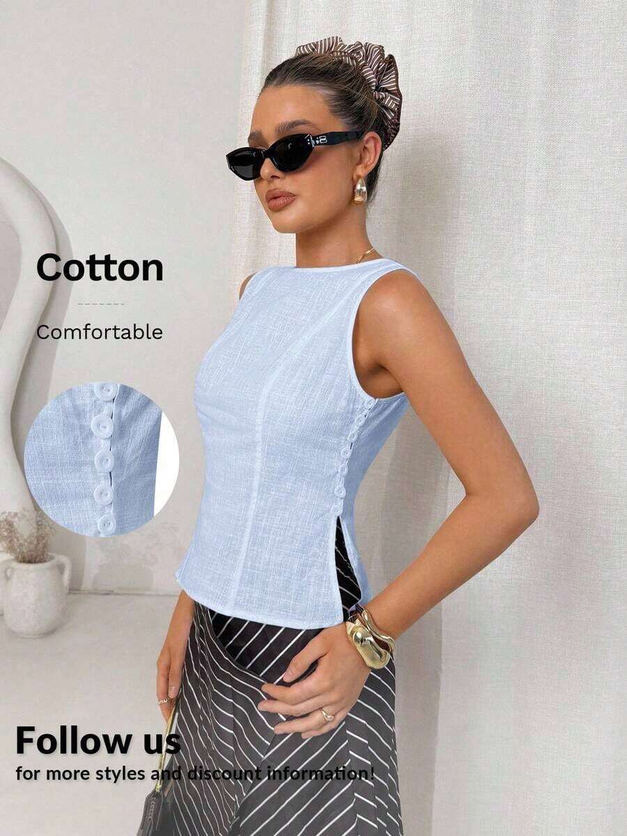 Camisa blanca sin mangas de algodón y lino, ajustada, con botones de nudo de bambú, estilo vintage para oficina - Celeste - Ver 1