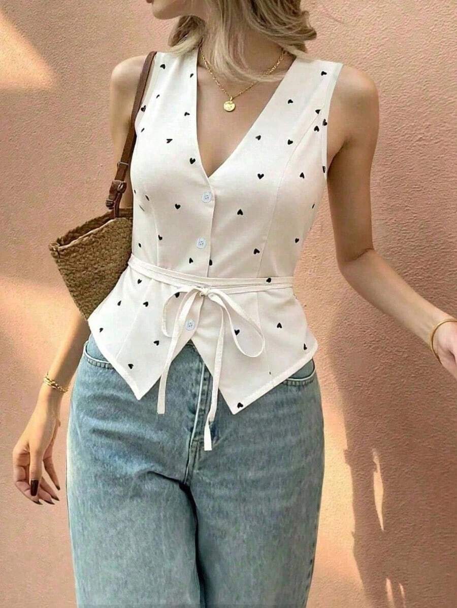 Blusa sin mangas de verano blanca con cuello en V, estampado de corazón y diseño de cintura anudada, versátil y de moda para mujer - Blanco - Ver 1