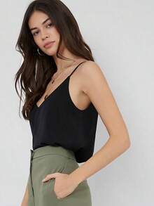 Top de camiseta sin mangas de color negro unicolor, uso casual de negocios, camiseta de otoño - Negro 2 - Ver 4