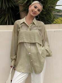Camisa holgada casual a rayas para mujer, nueva llegada para el otoño - Caqui - Ver 5