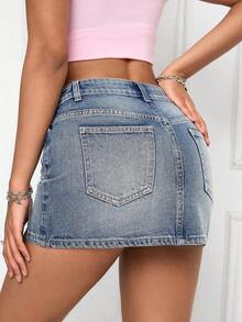 Minifalda vaquera casual de uso diario para mujer con bolsillos y botones - Azul lavado medio - Ver 3