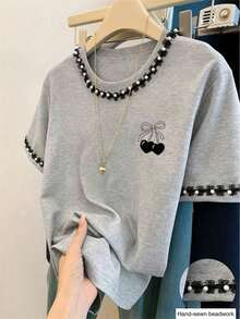 Camiseta de mujer de cuello redondo con estampado de contraste de color degradado de fresa, para verano - Gris Claro - Ver 7