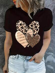 Camiseta de manga corta para mujer con estampado de leopardo y corazón, hecha de 100 % fibra de poliéster, cómoda con cuello redondo y agradable para la piel, adecuada para festivales de primavera/verano, muy recomendada para estilo urbano - Circle - Negro - Ver 2