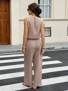 Frenchy 1 Conjunto de 2 Piezas: Top sin Mangas con Cuello en V y Botones Frontales y Pantalones Largos, Estilo Casual para Navidad y Verano - Marrón café 3 - Ver 2
