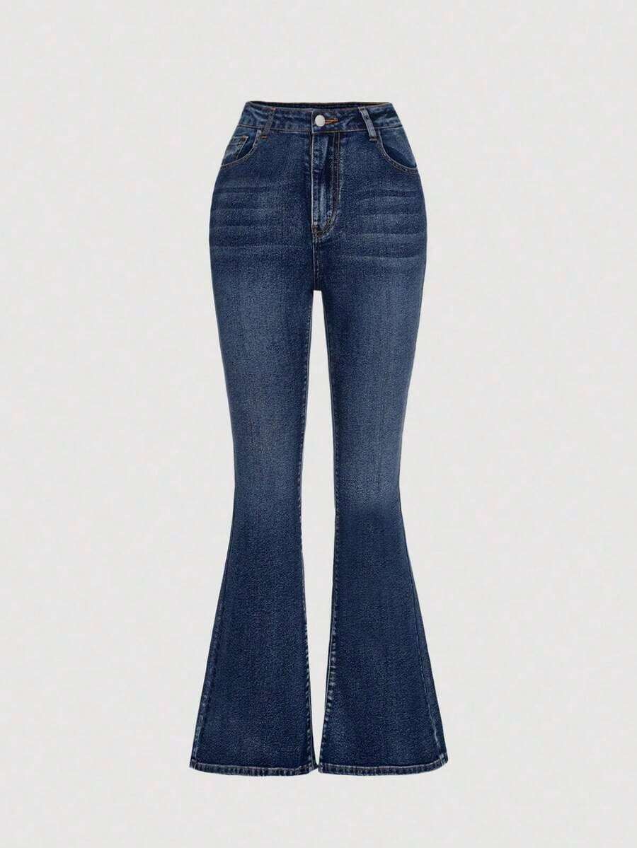 Girlism Jeans de pierna acampanada versátiles y casuales para uso diario y viajes para adolescentes - Azul lavado oscuro 2 - Ver 1
