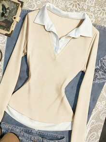 Blusa casual de manga larga con cuello de contraste y diseño 2 en 1 para mujer - Albaricoque - Ver 3