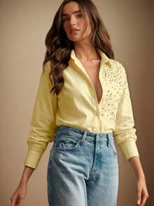 Camisa de mujer con cuello vuelto, abertura frontal y adornos de strass en las mangas largas, para primavera - amarillo ganso - Ver 1
