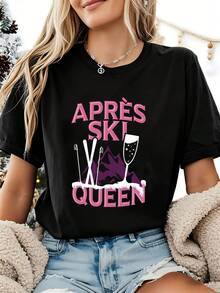 Camiseta de manga corta y cuello redondo para mujer, estilo Après Ski, con texto estampado para fiestas de primavera y verano después de esquiar - Negro - Ver 7