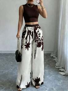 Nuevo conjunto casual de top y pantalones de color contrastante, pantalones anchos de cintura alta elegantes y sueltos, ropa de mujer de ajuste ceñido para primavera, verano y otoño de vacaciones - Marrón - Ver 2