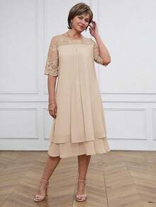 Medorina Vestido de mujer con cuello redondo, manga corta, volantes en el bajo y encaje en contraste, conjunto de verano para vacaciones para mujer en primavera y verano - Caqui - Ver 1