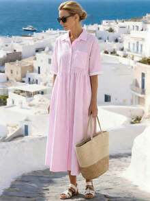 Holidaya Vestido casual de mujer con bolsillo, cuello de solapa y rayas, para verano - Rosa - Ver 5