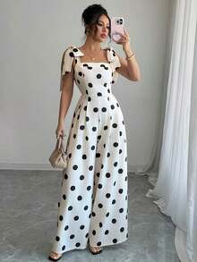 Mono con hombros con lazo, estampado de lunares, volantes, elegante y vintage, para mujeres, ideal para festivales de música, vacaciones y uso diario - Blanco y Negro - Ver 1