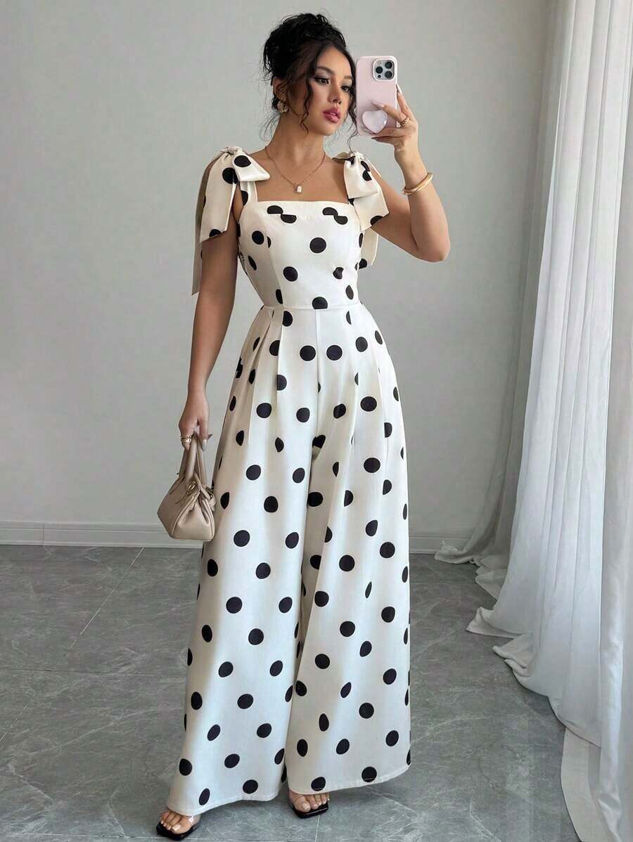Mono con hombros con lazo, estampado de lunares, volantes, elegante y vintage, para mujeres, ideal para festivales de música, vacaciones y uso diario - Blanco y Negro - Ver 1