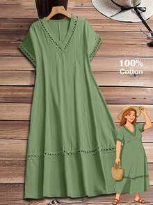 Vestido casual holgado de unicolor con cuello en V y mangas cortas para mujer de talla grande - Dark Gold - Ver 12