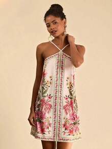 Flower Print Backless Halter Mini Dress, Casual Resort Style,Bohemian Clothes, Suitable For Holiday , Afternoon Tea, Wedding Season, Beach Cruise Vacation, City Road Trip Vacation, Boho Vacation, Music Festival , Beachwear, Easter, Beach Outfits For Woman,, Elegrant Dress For Women, Vacation Outfits Women, Concert Outfit Women, Tropical Vacation Woman Clothes, Holiday Outfits, Bohemian Clothes,For Spring Sunmmer And Autumn,Tropical Vacation, Bohemian Outfits, Ibiza Outfits, Western Style - 多色 10 - 查看 4
