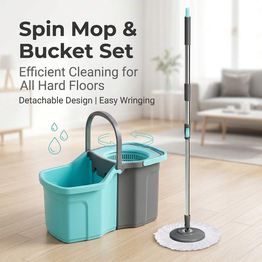 Spin Mop And Bucket System With [2] Microfiber Replacement Heads, Self-Wringing Floor Cleaning Mop For Home & Kitchen, Heavy Duty Stainless Steel Handle (Teal/Grey) - A - Xem 1