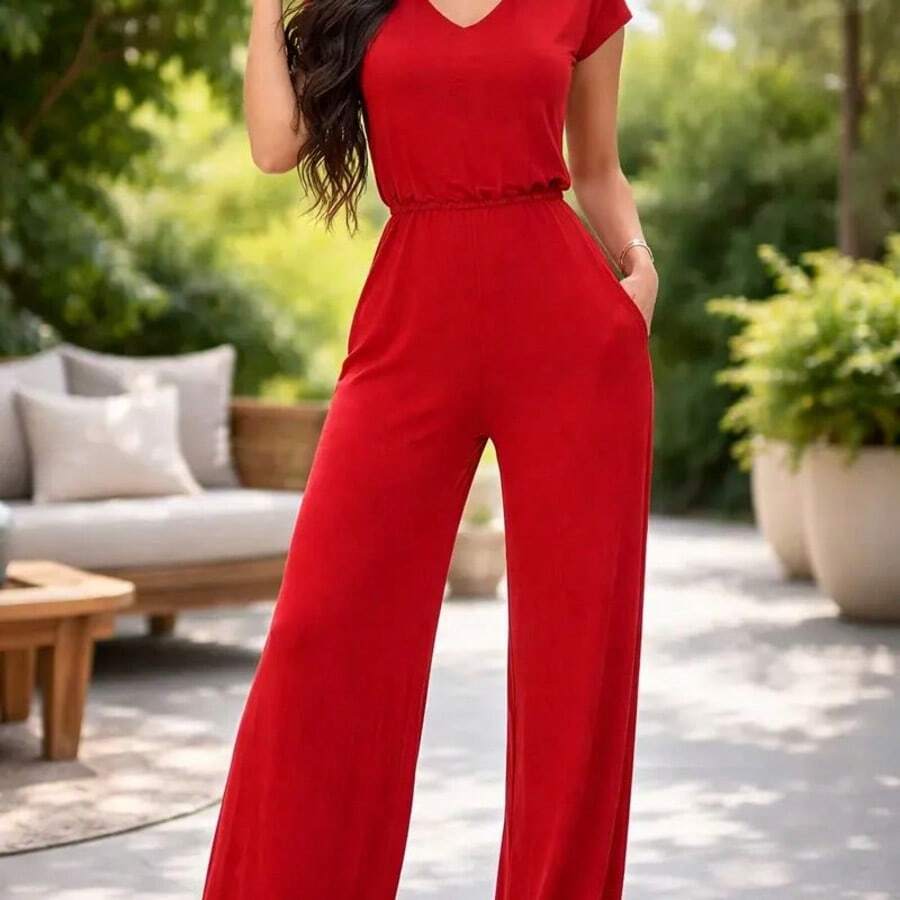 Women's Palazzo Jumpsuit - Comfortable, High Quality, Perfect For Everyday Wear - 紅色 - 查看 1