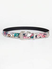 1pc Asymmetrical Flower Embossed Gold Tone Carved Metal Buckle Waist Belt, Versatile Accessory For Women - Multicolor Rhinestones - View 4
