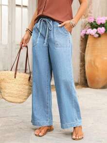 Jeans de pierna ancha con cintura con cordón y bolsillos, de uso versátil y casual para uso diario - Lavado ligero - Ver 3