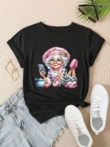 Women's Casual Short-Sleeve T-Shirt - Older Woman Design With Phone And Teacup In Pink Slippers, Round Neck, Summer Top, Machine Washable, Ladies' T-Shirts, Casual Wear, Modern Style, Comfortable Fit

-White - 黑色 - 查看 2