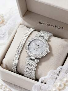 2 piezas Elegante Reloj de Cuarzo de Mujer de Cristal Plateado, Incluye 1 Reloj de Esfera Redonda de Cristal y 1 Pulsera Brazalete de Cadena de Serpiente de Cristal. Correa de Reloj de Acero con Bisel Brillante, Exudando un Estilo Lujoso y Glamoroso. - Plateado - Ver 7