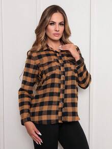 Women's Flannel Plaid Long-Sleeved Shirt - Lạc đà - Xem 4