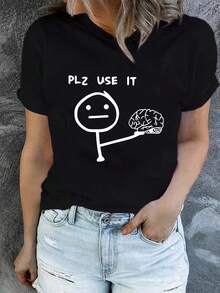 Elegante Camiseta para Uso Diario: 1 pieza de camiseta de manga corta con cuello redondo para mujer de talla grande, con un estampado artístico bajo el título "Minimalista con Inteligencia", cómoda y agradable al tacto, lavable a máquina, adecuada para uso diario, disponible en tallas más grandes, Camiseta de Moda Chic. - Negro - Ver 1