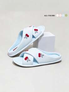 1 Pair Soft & Healing Cherry Embroidery Cross Linen Slippers, Milky White Base With Delicate Cherry Embroidery, Gentle And Youthful, Comfortable Choice For Spring/Summer Home, Bedroom Or Living Room, Girly, Home Essential, Soft Girl Must-Have - Cherry Slippers - View 8
