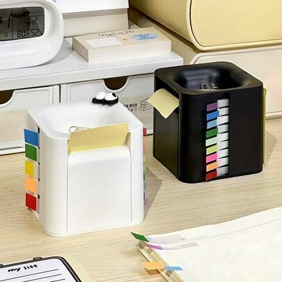 Desk Sticky Note Box - 5-In-1 Pop Up Sticky Note Dispenser, Sticky Note Holder & Storage, With 50 5-Color 90 9-Color Index Notes, 100 Sheets Sticky Notes, 393.7 Inch Roll Of Sticky Notes, 5pcs Clips
